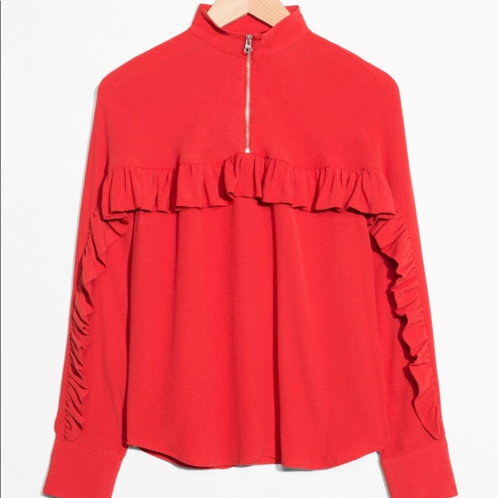 Red Frill Ruffle Blouse w Zip